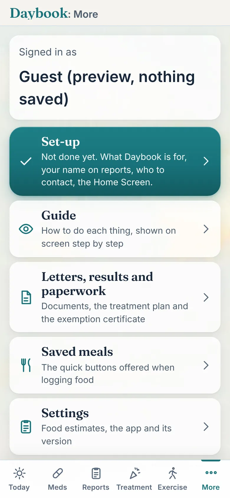 Who to contact on More: a nurse's card with her role, number and email, and Call and Email buttons.