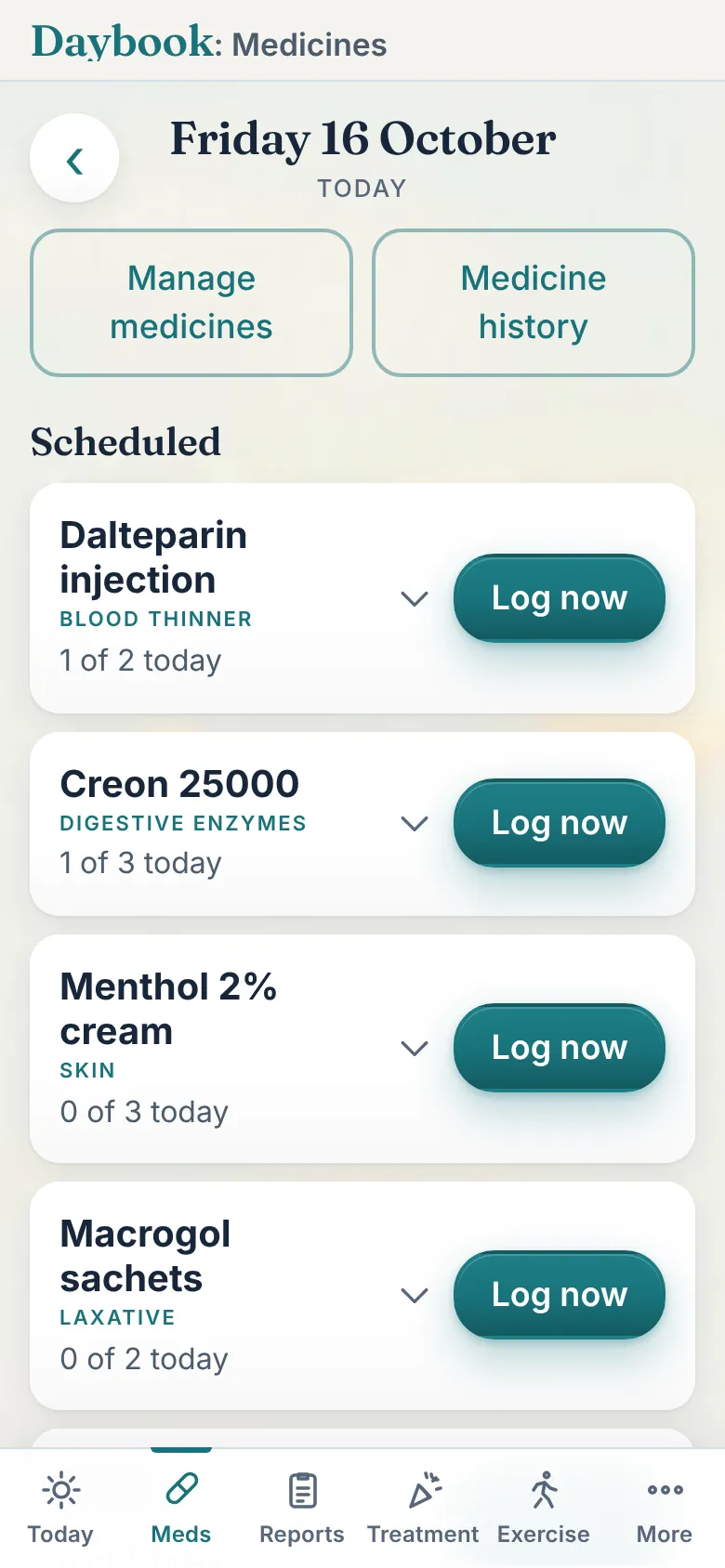 The Meds tab: each medicine as a card with its name, how many doses are done today, and a Log now button.