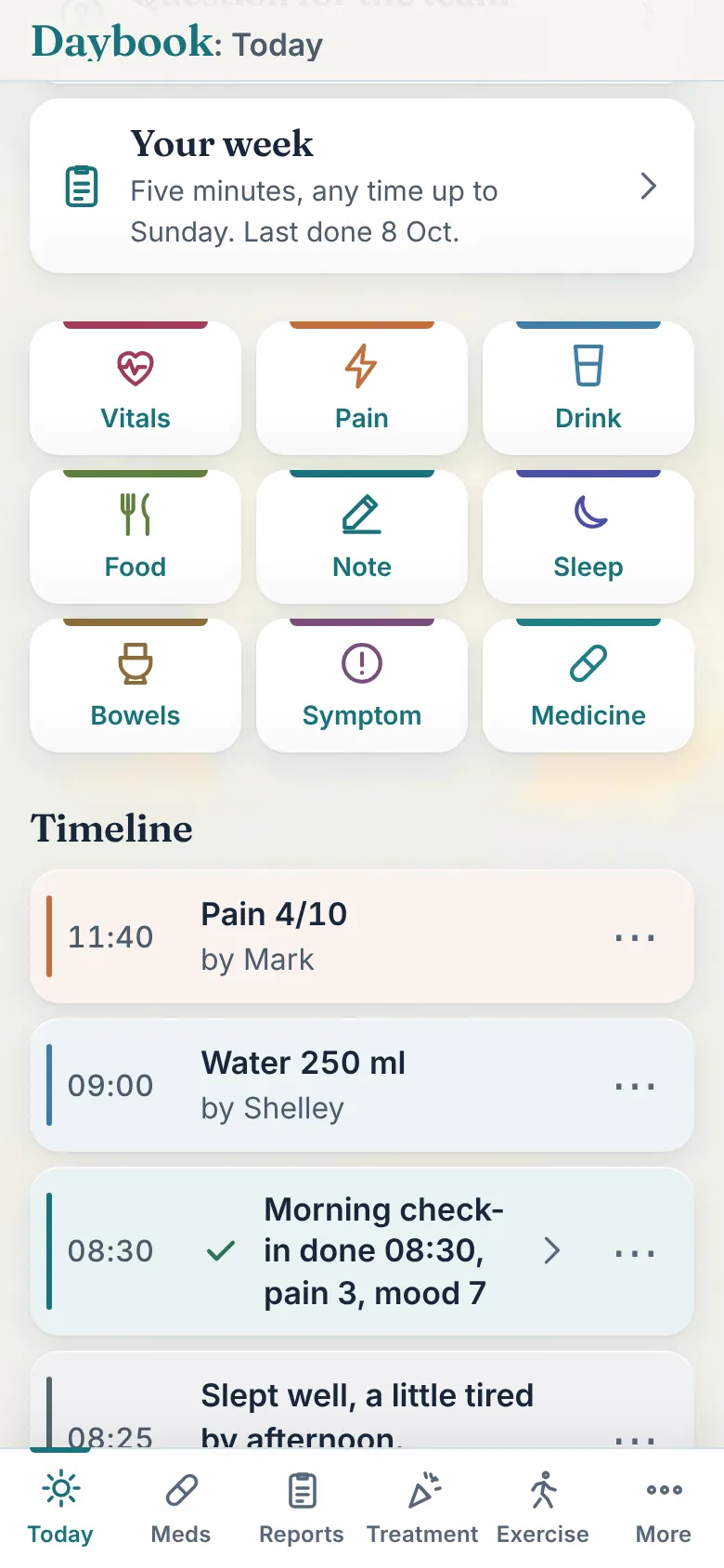 Today in Daybook: the day's check-ins, then nine tiles, Vitals, Pain, Drink, Food, Note, Sleep, Bowels, Symptom and Medicine.