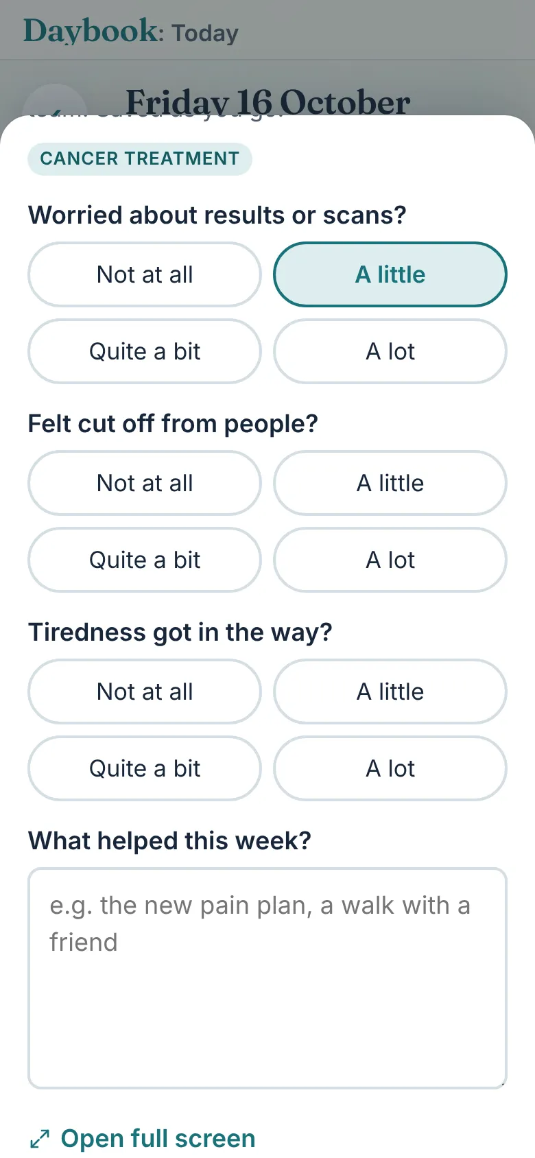 Your week: a question with four word answers to tap, Not at all, A little, Quite a bit, A lot.