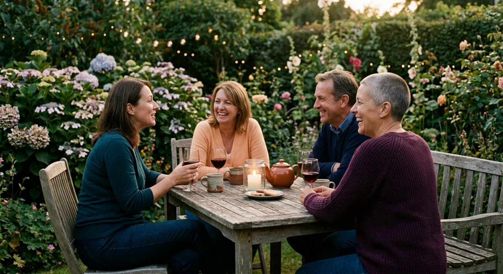 Four friends in their forties and fifties laugh together around a garden table at dusk, with a candle, a teapot and string lights.