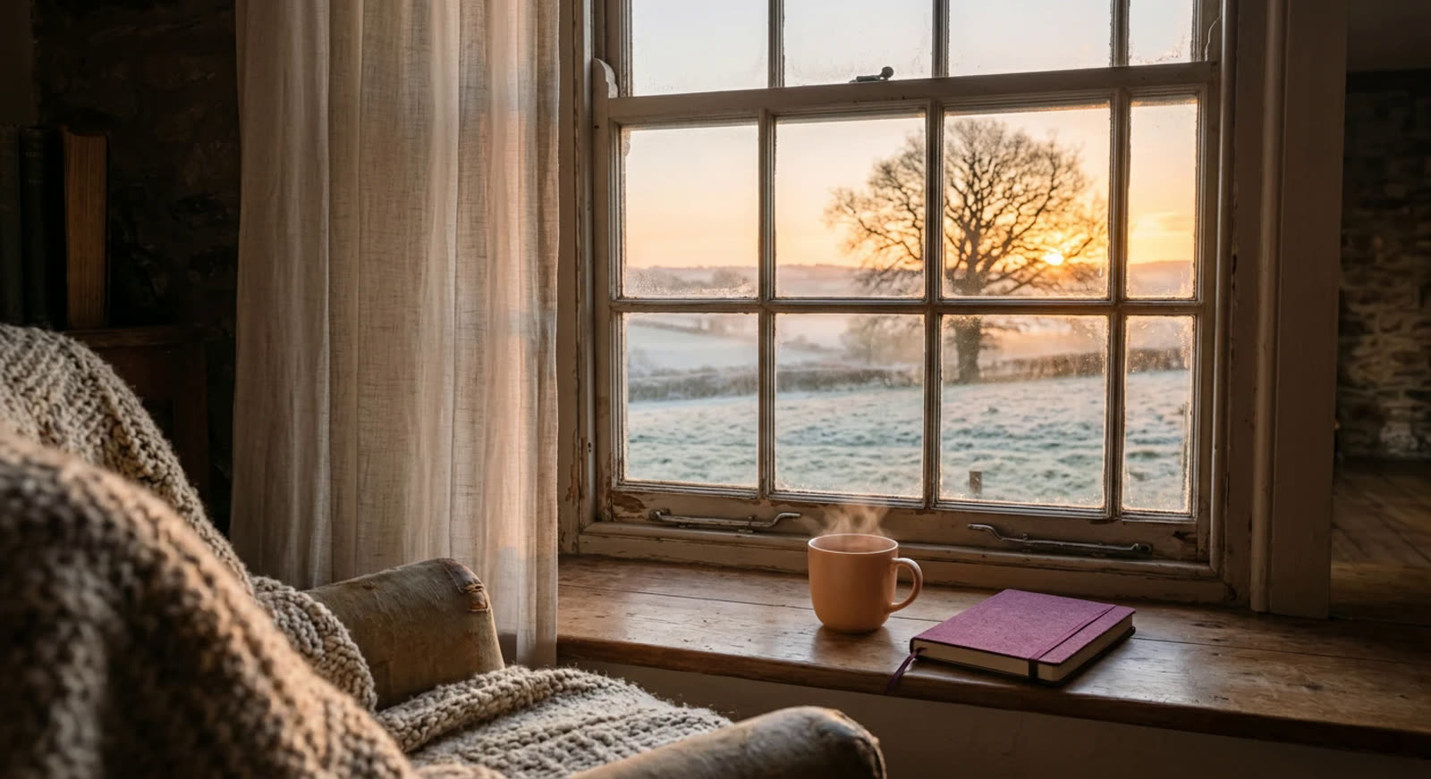 Sunrise over frosty fields and a lone oak tree, seen through an old sash window, with a mug of tea and a closed notebook on the sill.