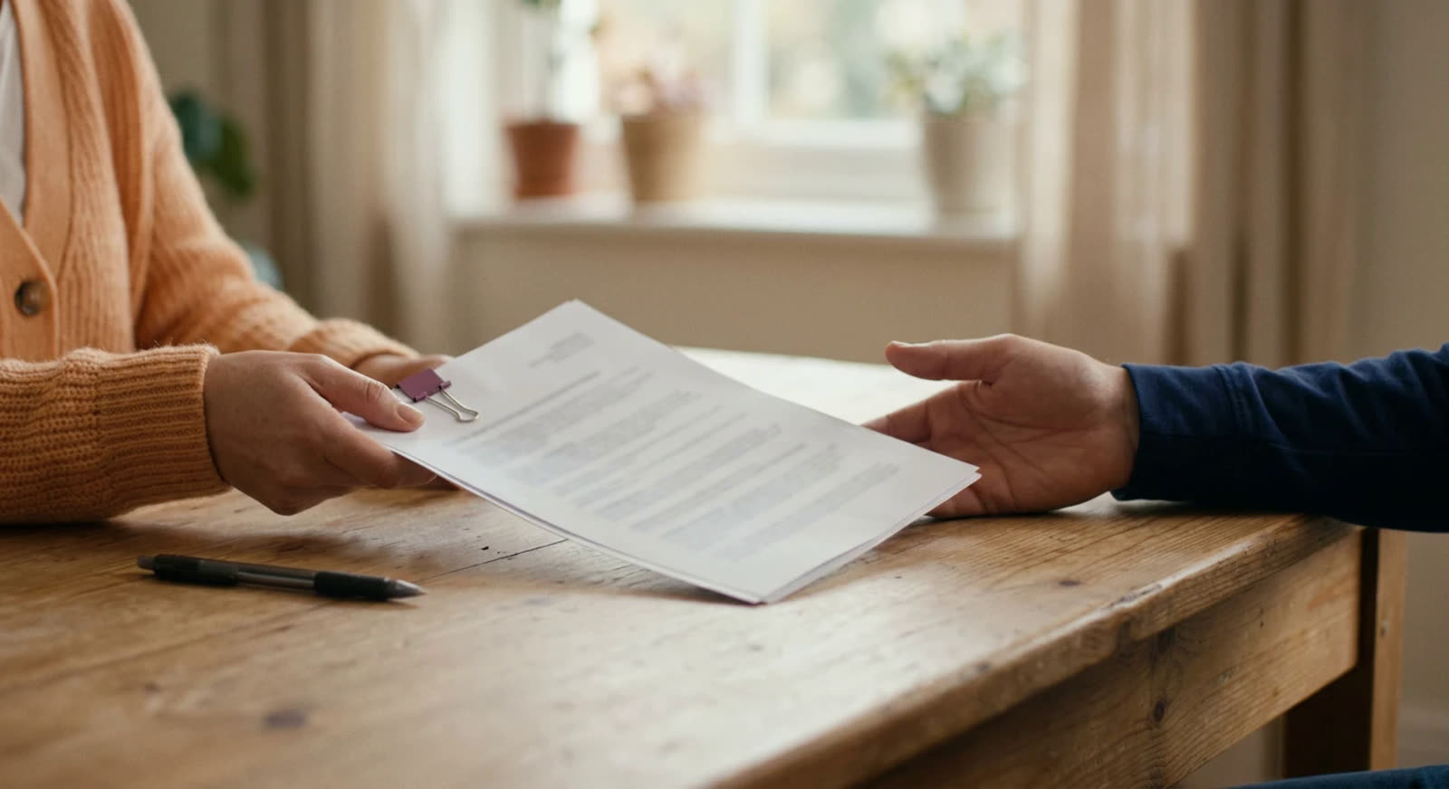 One person hands two printed pages across a wooden desk to another person's open hand, in a calm, bright room.