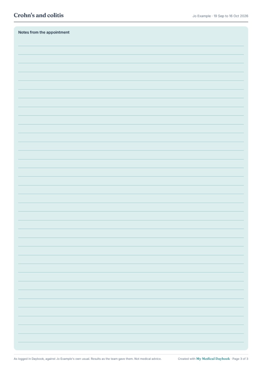 Page 3: a ruled panel for the notes from the appointment.