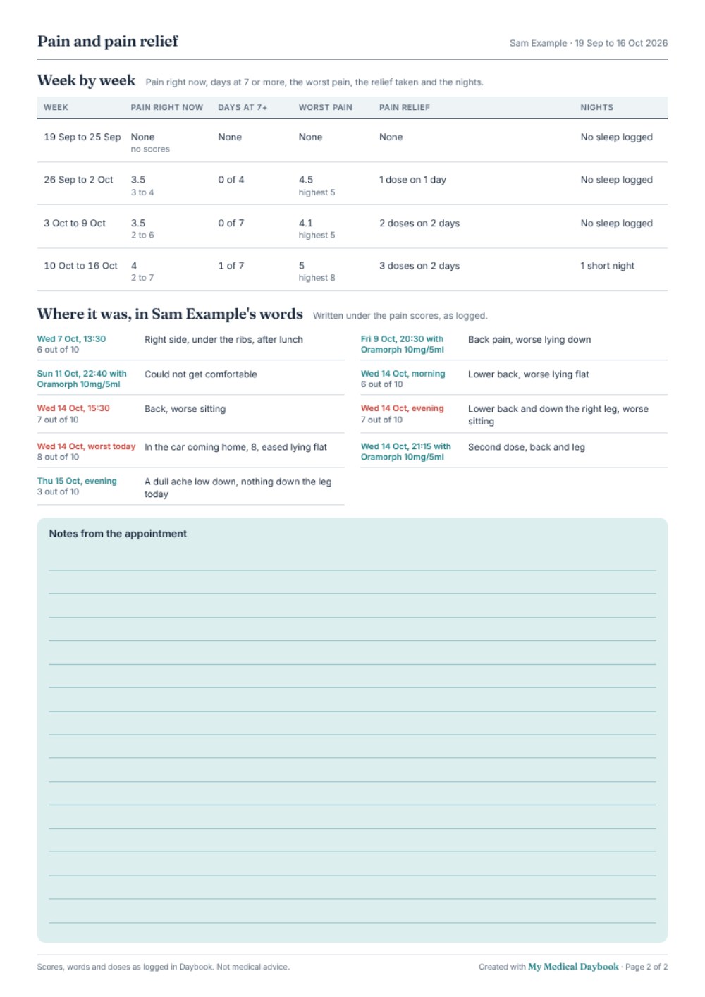 Page 2: pain by time of day, the pain relief table, week by week, and where it was in the patient's words.
