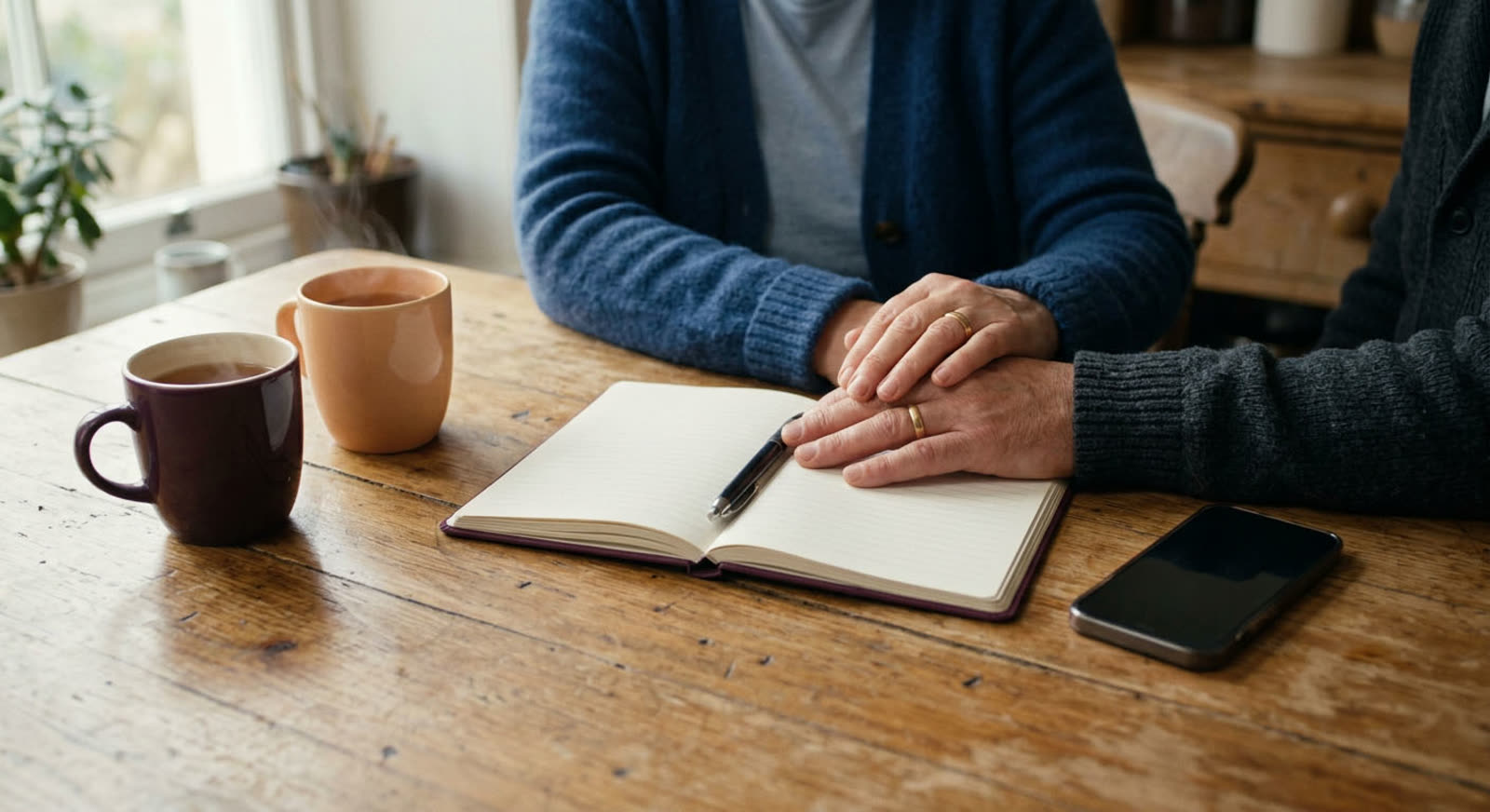 Two people's hands rest together on an open notebook at a kitchen table, beside two mugs of tea.