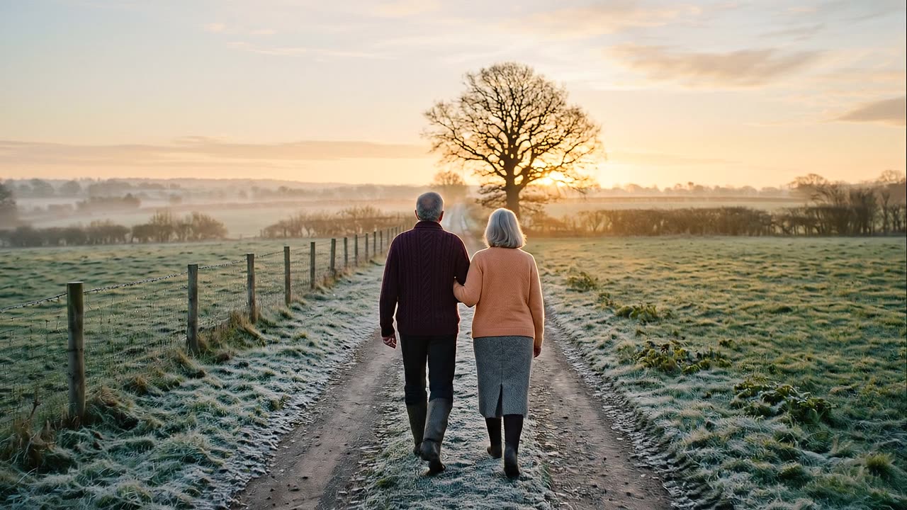 A couple in their late fifties walk arm in arm along a frosty farm track towards a lone oak tree at sunrise.